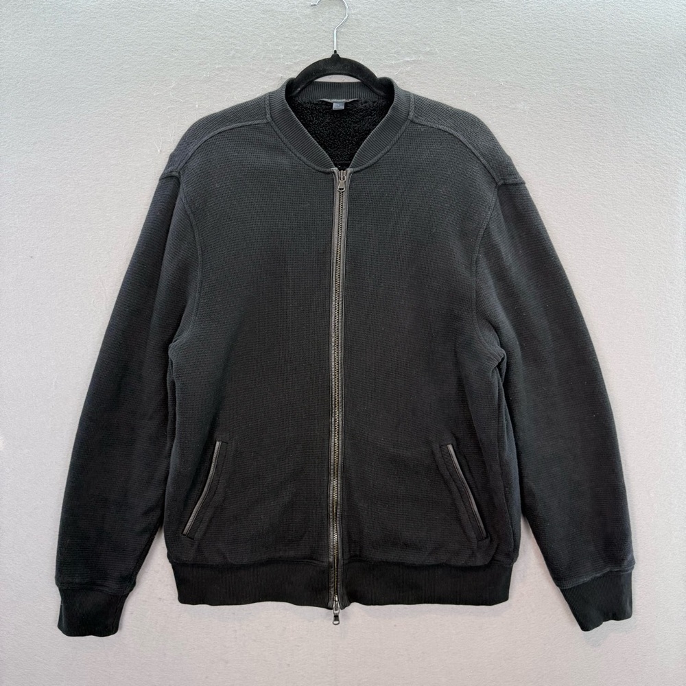 John Varvatos men’s Bomber Cotton jacket zip up leather trim shearling lining L